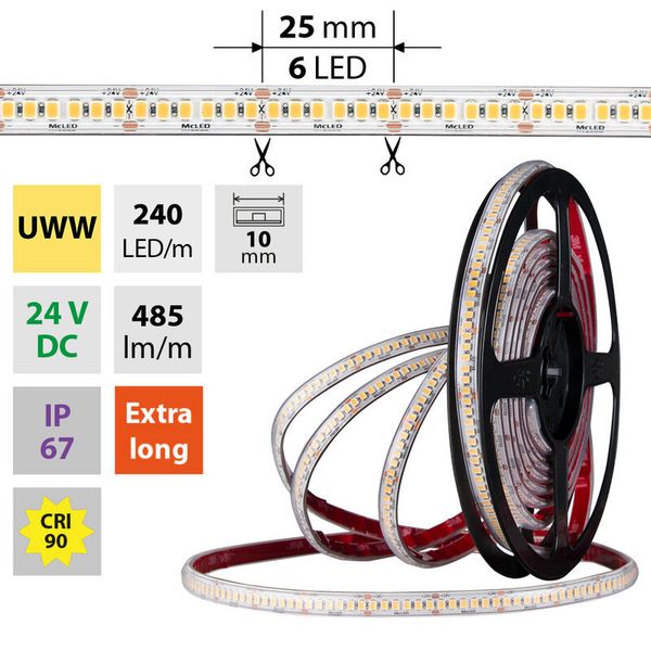 LED strip SMD2835 UWW, 240LED/m, 6W/m, DC 24V, 380lm/m, CRI90, IP67, 10mm, 5m image 1