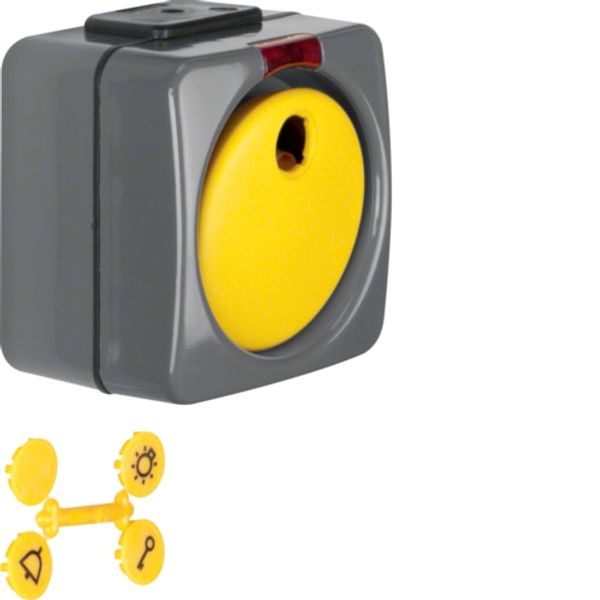 Button, rocker with red lens and four additional symbols, ISO-Panzer IP44, dark. grey/yellow image 1