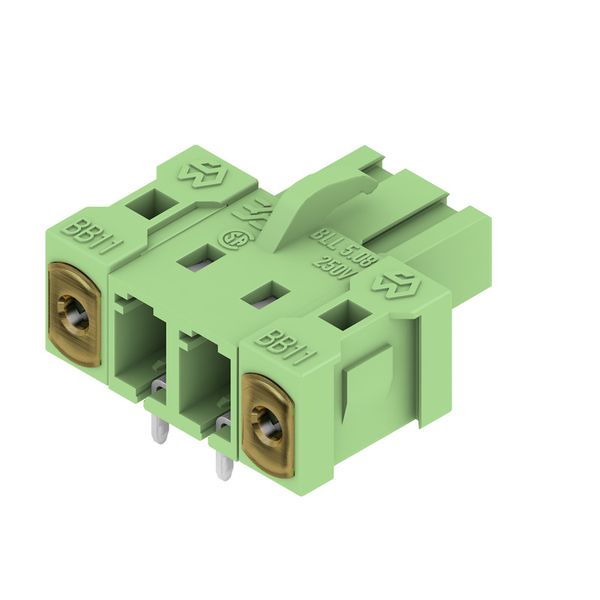PCB plug-in connector, female header, Inverted flange, THT solder connection, 5.08 mm, Number of poles: 2, 90°, Solder pin length (l): 3.2 mm, tinned, Pale green, Box image 2