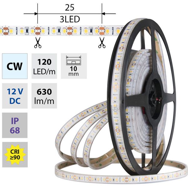 LED strip SMD2835 CW, 120LED/m, 9,6W/m, DC 12V, 630lm/m, CRI90, IP68, 10mm, 5m image 1