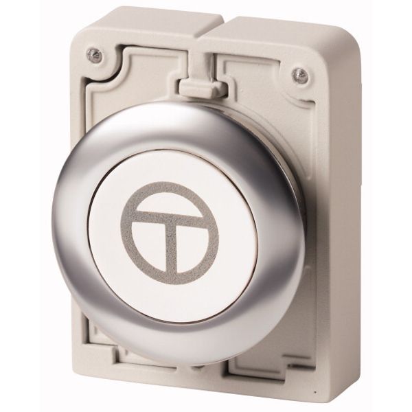 M30I-FD-W-X11 Pushbutton, RMQ-Titan, flat, momentary, White, inscribed, Front ring stainless steel, ON/OFF image 1
