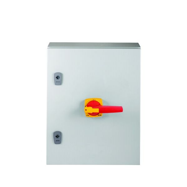 DMV-400/3/SE5/P-R Switch-disconnector, DMV, 400 A, 3 pole, Emergency switching off function, With red rotary handle and yellow locking ring, in steel enclosure, 11 mm c image 1