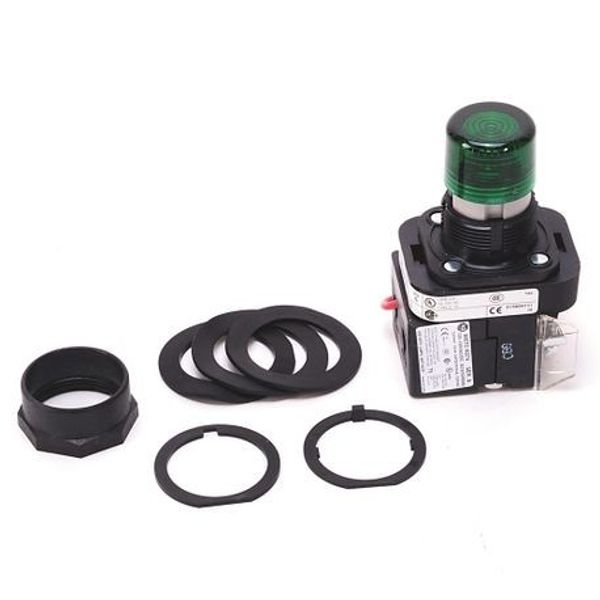 Allen-Bradley, 800H-QRTH2G, 30.5mm Type 4/4X/13 Pilot Light, LED, Green, 12-130V AC/DC, 1 NO-1 NC image 1