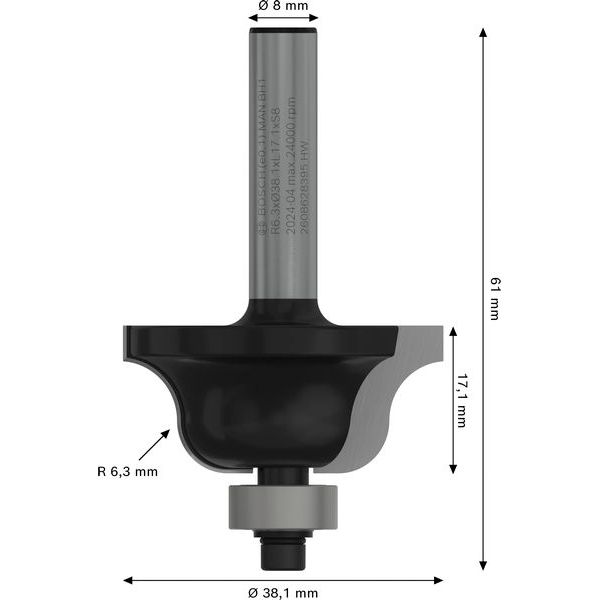 Edge forming bit B, 8 mm, R1 6.3 mm, B 12.7 mm, L 17 mm, G 61 mm image 2