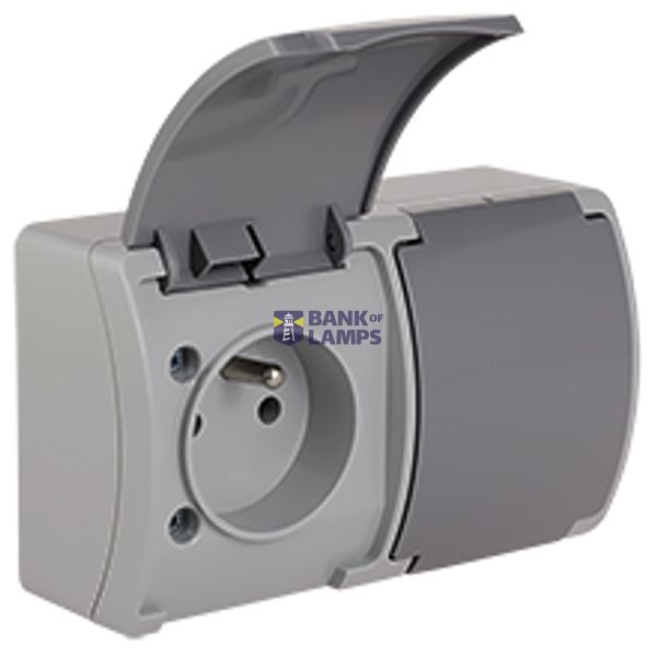 VG-2 Koala Double Socket with earthing contact (2x2P+Z) surface mounted IP44 gray with graphite flap VG 162-08 image 1