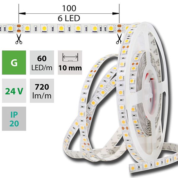 LED strip SMD5050 green, 60LED/m, 14.4W/m, DC 24V, 720lm/m, IP20, 10mm, 5m image 1