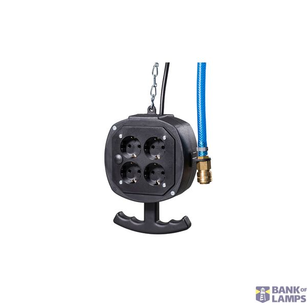 Suspended distribution module ES1PA  with 3m plastic-sheathed cable H05VV-F 3G1, 5  4 safety sockets 230V open / 16A  Including 3m air hose 9x3mm with NW7, 2 quick release  3m galvanized steel chain to hang up  - For indoor use IP20 image 1