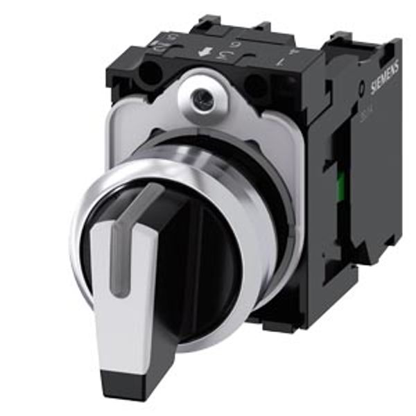 Selector switch, illuminable, 22 mm, round, metal, shiny, white, selector switch, short, 3 switch positions I-O-II,  3SU1150-2BL60-1NA0-Z X90 image 1