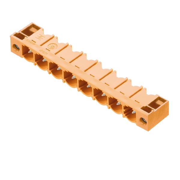 PCB plug-in connector, male header, Flange, THT solder connection, 7.62 mm, Number of poles: 5, 90°, Solder pin length (l): 3.2 mm, tinned, orange, Box image 1