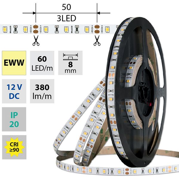 LED strip SMD2835 EWW, 60LED/m, 4,8W/m, DC 12V, 380lm/m, CRI90, IP20, 8mm, 50m image 1