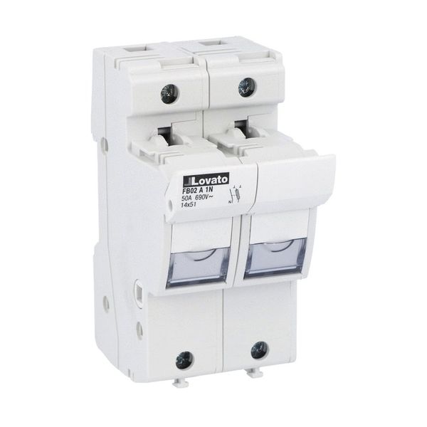 Fuse holder UL recognized and CSA certified, for 14X51mm fuses. 50A rated current at 690VAC, 1P+N. Without status indicator. 2 modules image 1
