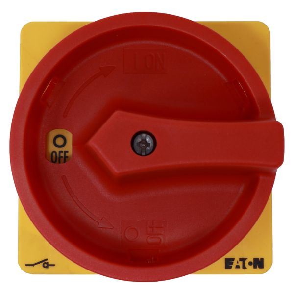 Main switch, P3, 100 A, rear mounting, 3 pole, Emergency switching off function, With red rotary handle and yellow locking ring, Lockable in the 0 (Of image 5