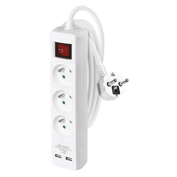Extension cable 2 m / 3 sockets / with switch / white / PVC / with USB port / 1.5 mm2 image 1