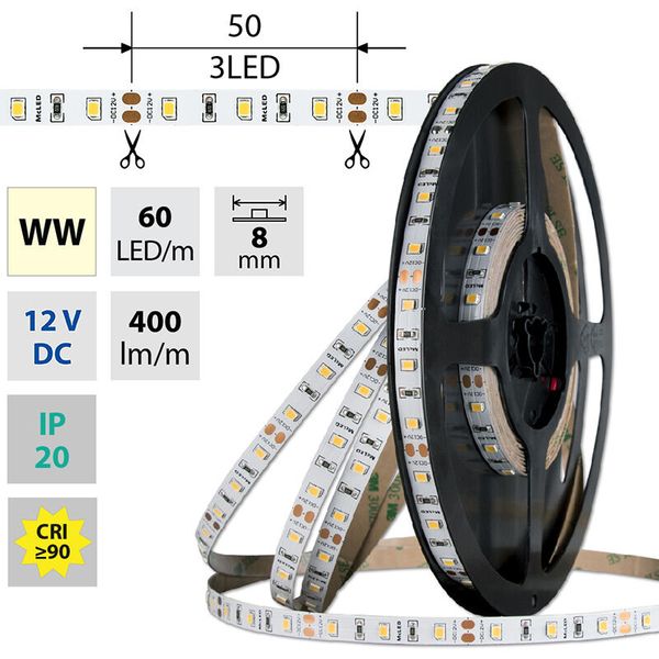LED strip SMD2835 WW, 60LED/m, 4,8W/m, DC 12V, 400lm/m, CRI90, IP20, 8mm, 5m image 1