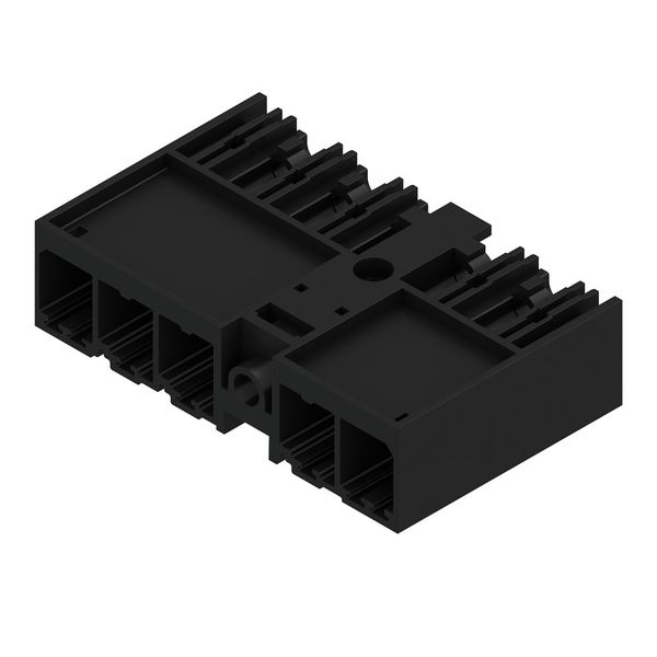 PCB plug-in connector, male header, closed side, Middle screw flange, THT solder connection, 7.62 mm, Number of poles: 5, 270°, Solder pin length (l): 3.5 mm, tinned, black, Box image 1