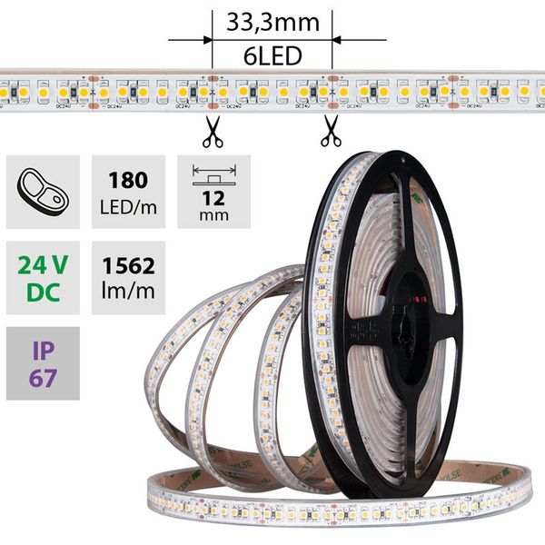 LED strip SMD3528FM 180LED/m IP67 DC 24V 10mm white PCB strip 5m food - meat image 1