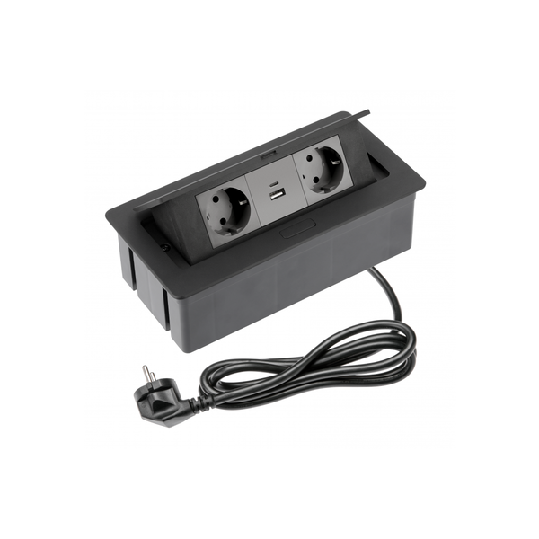 Furniture socket SOFT, 2xSHUKO, USB A+С, cable 1.5 m, black image 1