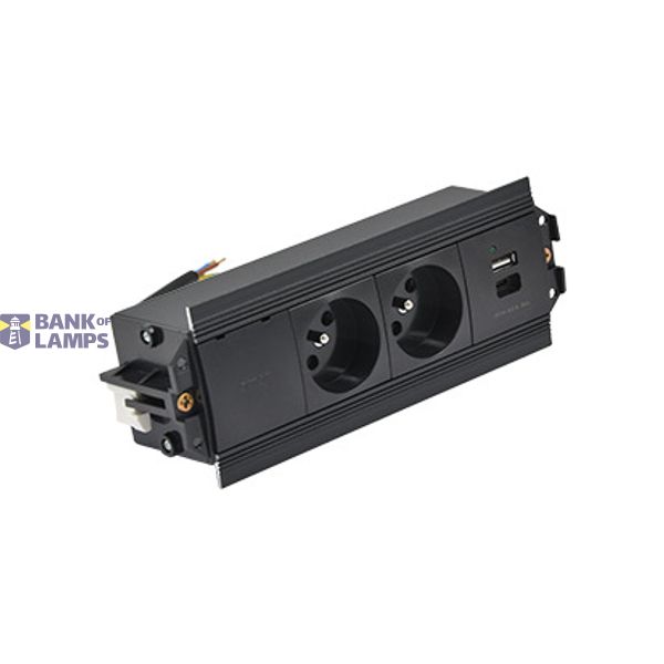 Indesk 2x250V typ E sockets + USB A+C charger; 10 cm cable; black image 1