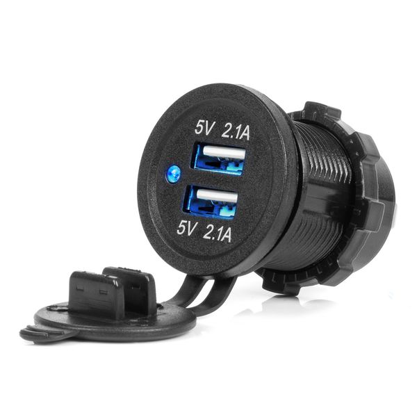 Waterproof Phone Charger with BLUE LED Indicator 4.2A 2xUSB 12/24V AMIO-04217 image 1