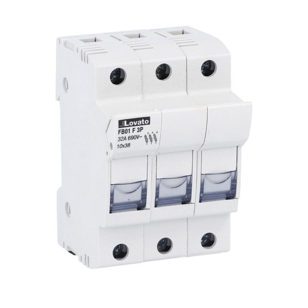 Fuse holder UL recognized and CSA certified, for 10X38mm fuses. 32A rated current at 690VAC, 3P. Without status indicator. 3 modules image 1