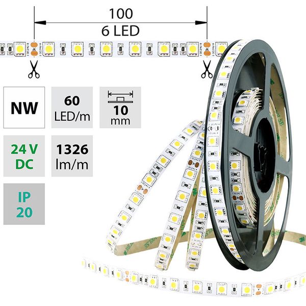 LED strip SMD5050 NW, 60LED/m, 14,4W/m, 1296lm/m, IP20, DC 24V, 10mm, 5m image 1