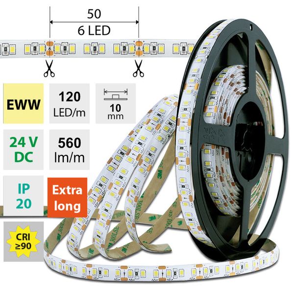 LED strip SMD2835 EWW, 120LED/m, 7W/m, DC 24V, 560lm/m, CRI90, IP20, 10mm, 50m image 1