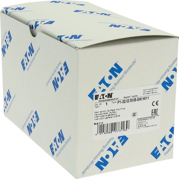 P1-32/I2/SVB-SW/HI11 Main switch, P1, 32 A, surface mounting, 3 pole, 1 N/O, 1 N/C, STOP function, With black rotary handle and locking ring, Lockable in the 0 (Off) posit image 9