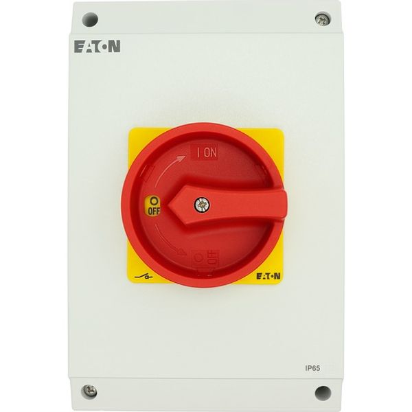 T5B-4-15682/I4/SVB Main switch, T5B, 63 A, surface mounting, 4 contact unit(s), 6 pole, 1 N/O, 1 N/C, Emergency switching off function, With red rotary handle and yellow image 4