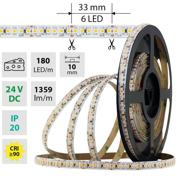 LED strip SMD3528G 180LED/m 14.4W/m 1359lm/m IP20 DC24V 10mm 5m food - cheese image 1