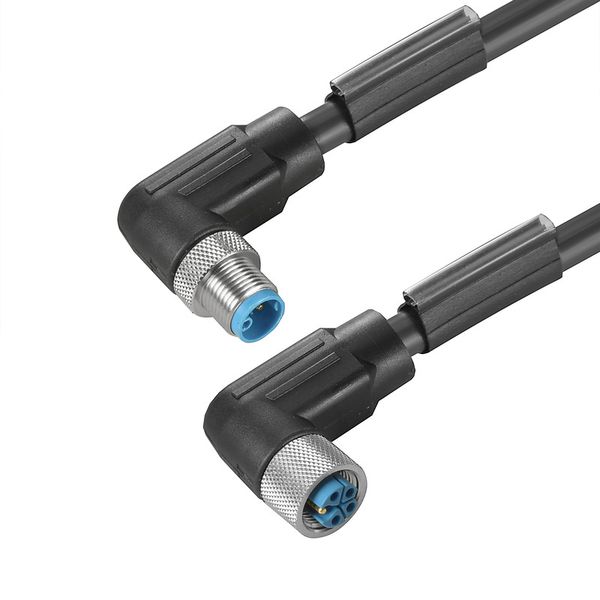 Power cable, Connecting line, M12 / M12, Number of poles : 5 (4 + PE), 3 m, pin, 90° - socket 90°, Shielded: No, LED: No, Sheath material: PUR, Halogen: No image 1