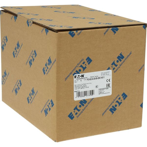 P3-63/I4/SVB-SW/HI11 Main switch, P3, 63 A, surface mounting, 3 pole, 1 N/O, 1 N/C, STOP function, With black rotary handle and locking ring, Lockable in the 0 (Off) posit image 40
