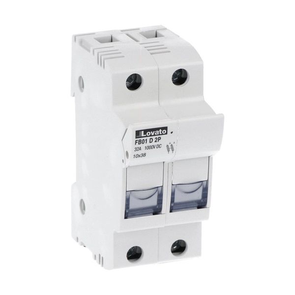 Fuse holder UL certified for photovoltaic applications, for 10X38mm fuses. 32A rated current at 1000VDC, 2P. Without status indicator. 2 modules image 1