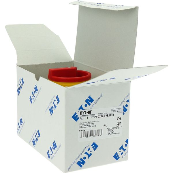 P1-32/I2/SVB/HI11 Main switch, P1, 32 A, surface mounting, 3 pole, 1 N/O, 1 N/C, Emergency switching off function, With red rotary handle and yellow locking ring, Locka image 34