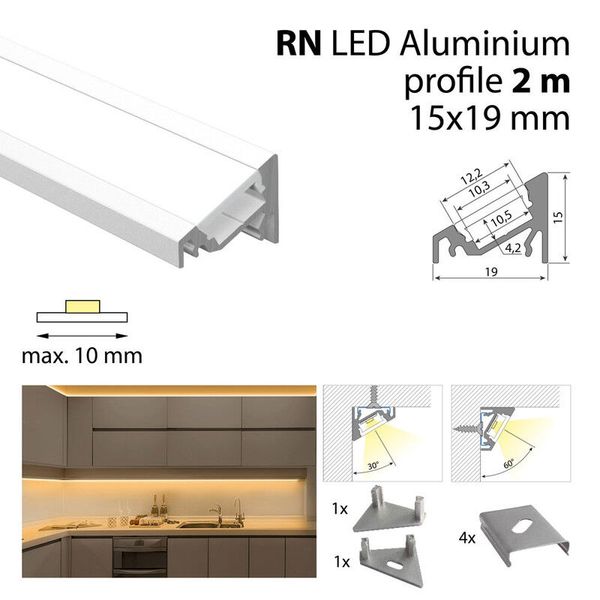 Corner aluminum profile RN 2m White diffuser, 2x end, 4x clip image 1