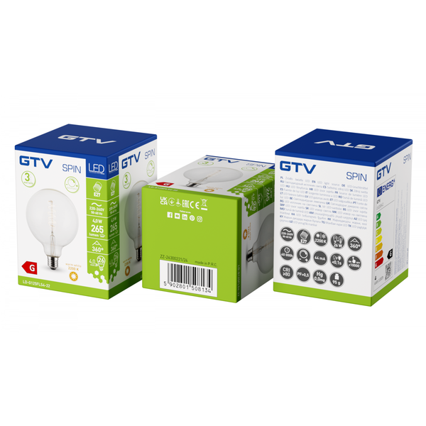 LED Bulb SPIN, E27, G125, 4 W, 265 lm, 2200K, AC220-240V, 360°, FILAMENT image 1