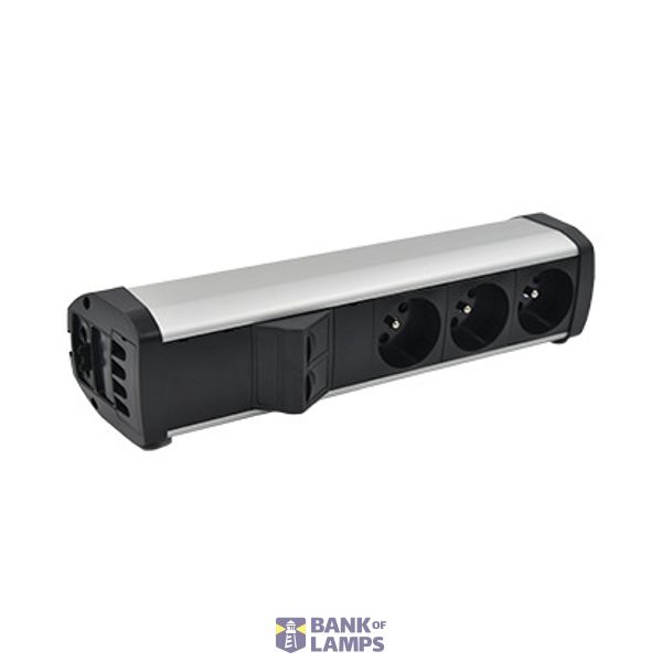 Expanded power strip set: 3x250V type E + 2xRJ45 plate with Keystone mounting., Wieland quick connector, aluminum black image 1