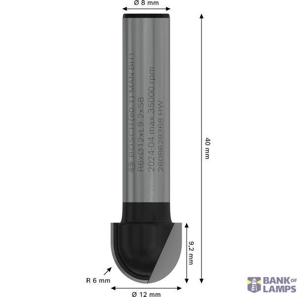 Core box bit, 8 mm, R1 6 mm, D 12 mm, L 9.2 mm, G 40 mm image 2