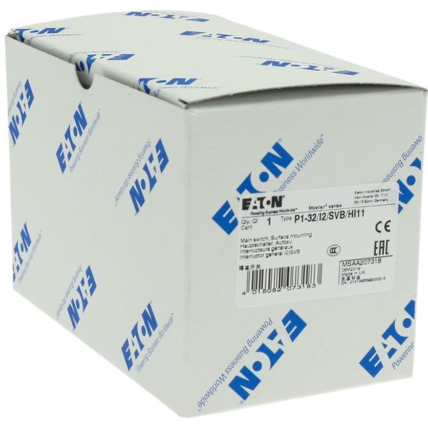 P1-32/I2/SVB/HI11 Main switch, P1, 32 A, surface mounting, 3 pole, 1 N/O, 1 N/C, Emergency switching off function, With red rotary handle and yellow locking ring, Locka image 9