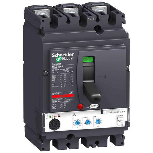 circuit breaker ComPact NSX160F, 36 kA at 415 VAC, MicroLogic 2.2 trip unit 100 A, 3 poles 3d image 1