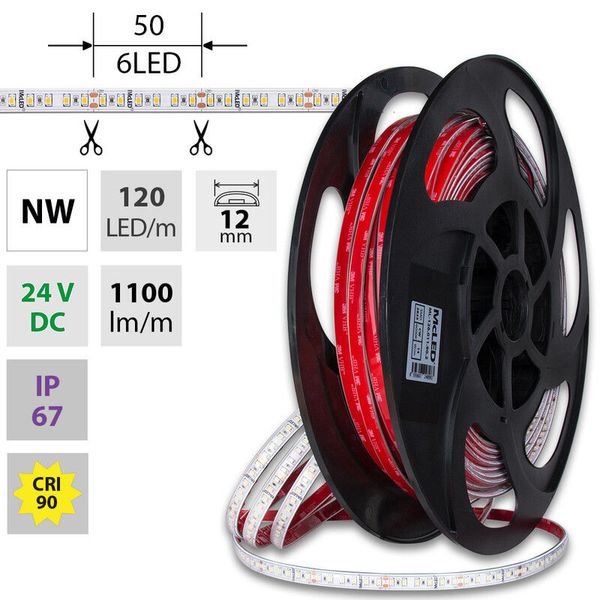 LED strip SMD2835 NW, 120LED/m, 14W/m, DC 24V, 1100lm/m, CRI90, IP67, 12mm, 50m image 1