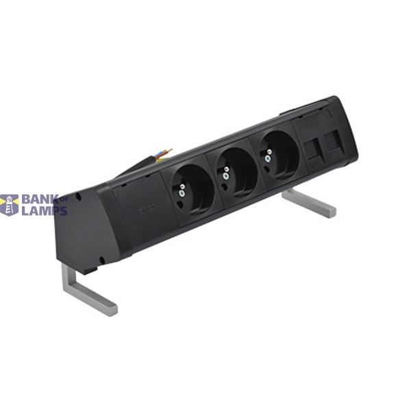Desk socket set: 3x250V type E + 2xRJ45 plate with Keystone mounting, 10 cm cable; black image 1