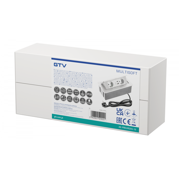 Furniture socket MULTISOFT, 2xSHUKO, USB A+C, RJ45, cable 1.5 m, white image 2