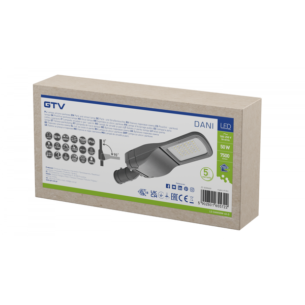 LED street luminaire DANI, 50 W, 4000K, AC180-250V, IP66, 7500 lm, IK09, ENEC image 1