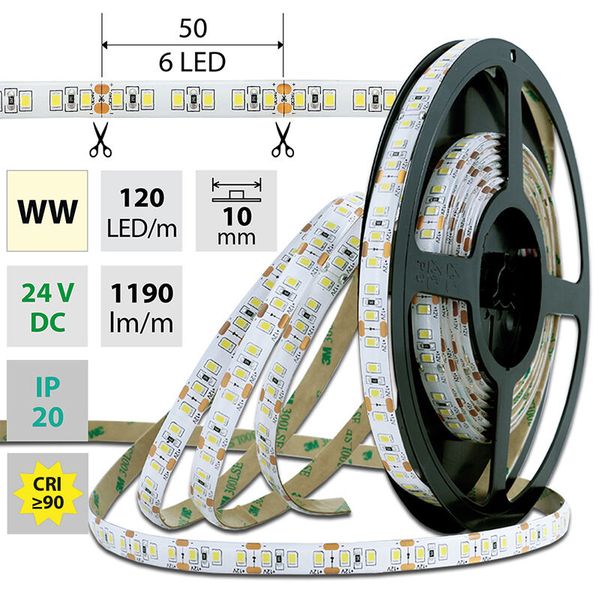 LED strip SMD2835 WW, 120LED/m, 14W/m, 1190lm/m, IP20, DC 24V, 10mm, 5m image 1