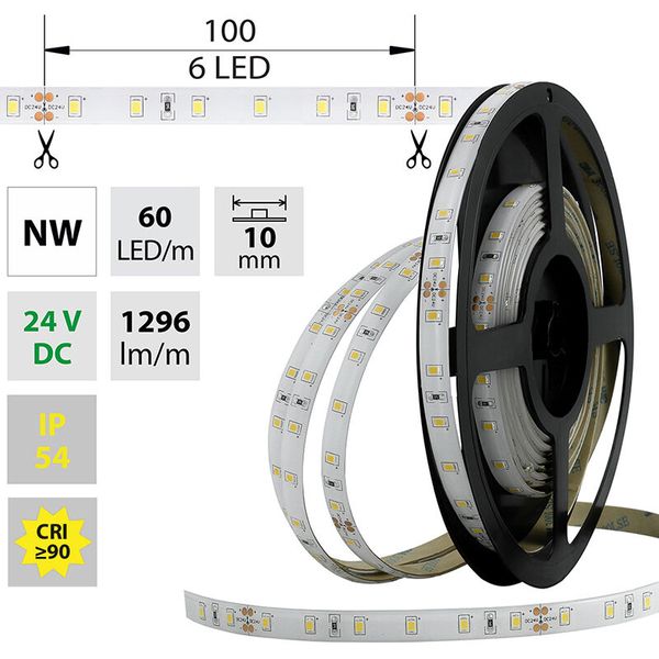 LED strip SMD2835 NW, 60LED/m, 14,4W/m, 1296lm/m, IP54, DC 24V, 10mm, 5m image 1