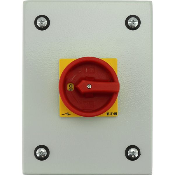 Main switch, P1, 40 A, surface mounting, 3 pole, Emergency switching off function, With red rotary handle and yellow locking ring, Lockable in the 0 ( image 1