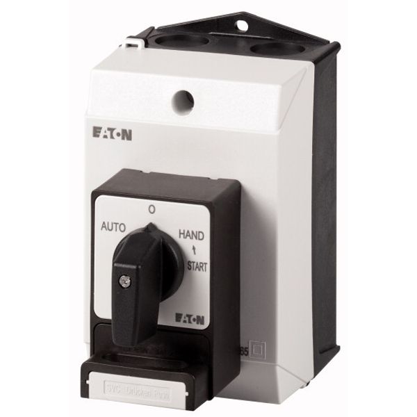 T0-2-15907/I1/SVC(C,E,G-J) Changeoverswitches, T0, 20 A, surface mounting, 4 pole, with black thumb grip and front plate, Padlocking feature SVC image 1