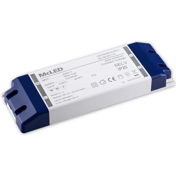 Power supply 60W, DC12V/5A, IP20, plastic design with terminal block image 1