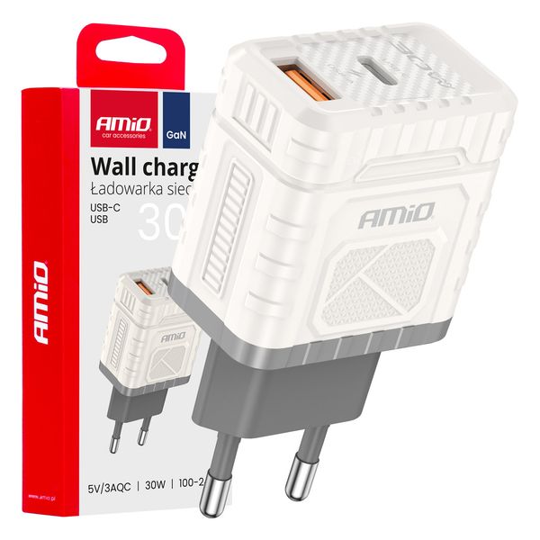 Wall charger Quick Charge GaN 30W USB-A + USB-C AMIO-04286 image 1