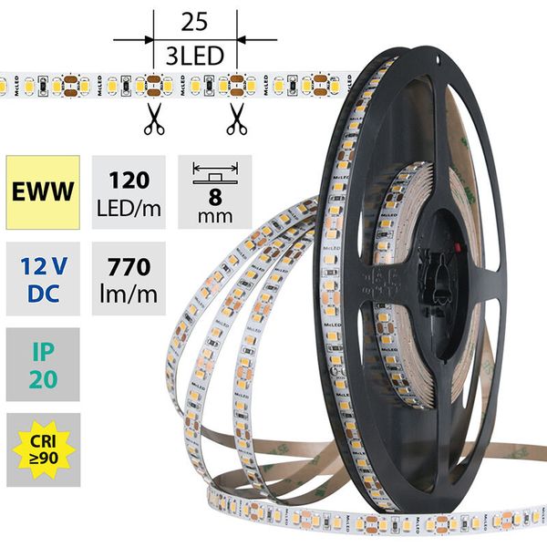 LED strip SMD2835 EWW, 120LED/m, 9,6W/m, DC 12V, 770lm/m, CRI90, IP20, 8mm, 5m image 1